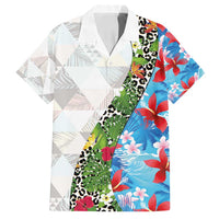 Hawaiian Tropical Flowers and Leaves Family Matching Off Shoulder Short Dress and Hawaiian Shirt on Leopard Pattern Half Style White-Blue Version - Polynesian Pride