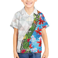 Hawaiian Tropical Flowers and Leaves Family Matching Short Sleeve Bodycon Dress and Hawaiian Shirt on Leopard Pattern Half Style White-Blue Version - Polynesian Pride