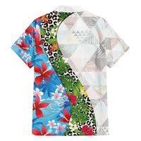 Hawaiian Tropical Flowers and Leaves Family Matching Summer Maxi Dress and Hawaiian Shirt on Leopard Pattern Half Style White-Blue Version - Polynesian Pride