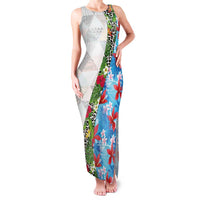 Hawaiian Tropical Flowers and Leaves Family Matching Tank Maxi Dress and Hawaiian Shirt on Leopard Pattern Half Style White-Blue Version - Polynesian Pride