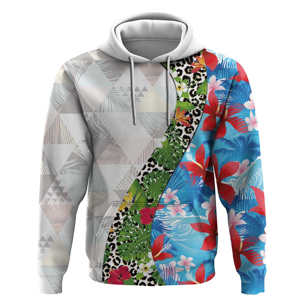 Hawaiian Tropical Flowers and Leaves Hoodie on Leopard Pattern Half Style White-Blue Version - Polynesian Pride