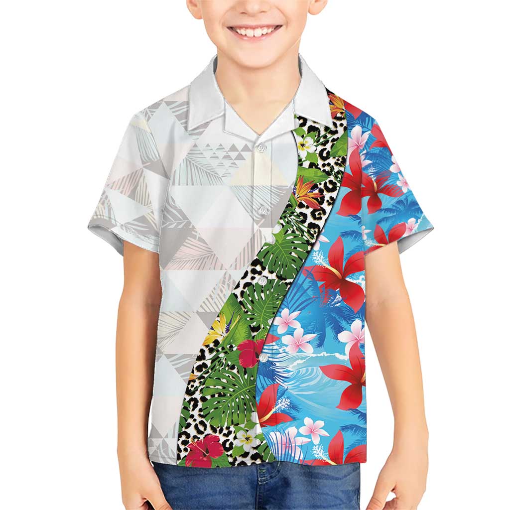 Hawaiian Tropical Flowers and Leaves Kid Hawaiian Shirt on Leopard Pattern Half Style White-Blue Version - Polynesian Pride