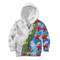 Hawaiian Tropical Flowers and Leaves Kid Hoodie on Leopard Pattern Half Style White-Blue Version - Polynesian Pride