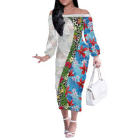 Hawaiian Tropical Flowers and Leaves Off The Shoulder Long Sleeve Dress on Leopard Pattern Half Style White-Blue Version LT03 Women White - Polynesian Pride