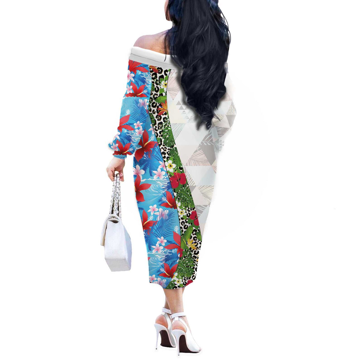 Hawaiian Tropical Flowers and Leaves Off The Shoulder Long Sleeve Dress on Leopard Pattern Half Style White-Blue Version LT03 - Polynesian Pride
