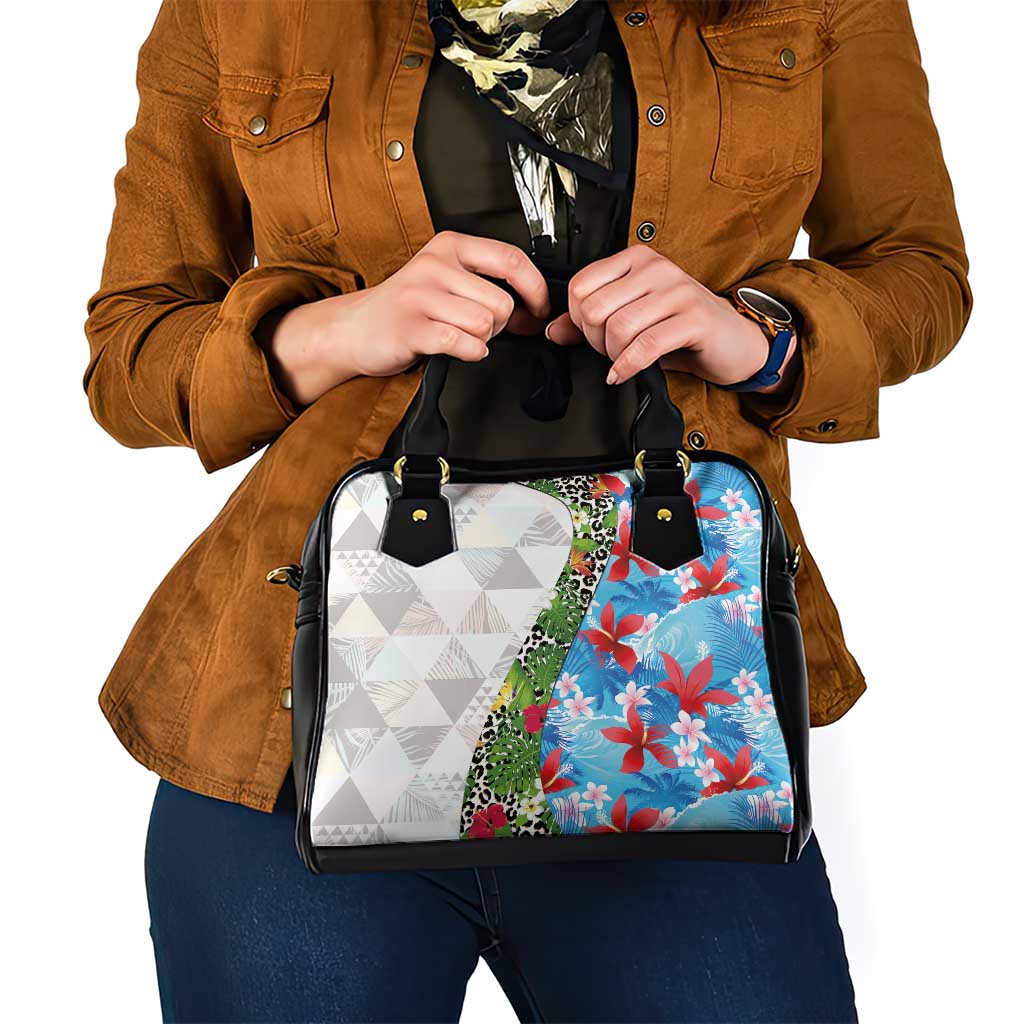 Hawaiian Tropical Flowers and Leaves Shoulder Handbag on Leopard Pattern Half Style White-Blue Version - Polynesian Pride