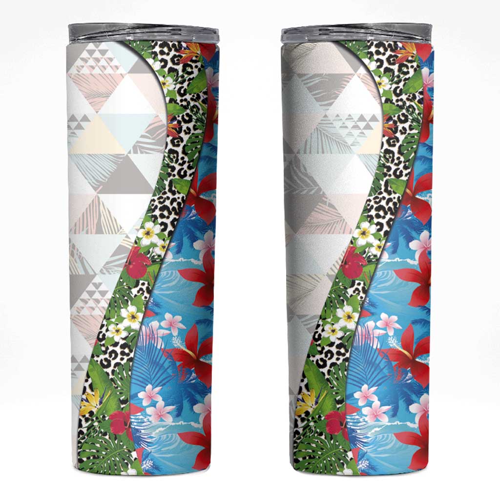 Hawaiian Tropical Flowers and Leaves Skinny Tumbler on Leopard Pattern Half Style White-Blue Version LT03 White - Polynesian Pride