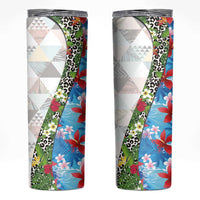 Hawaiian Tropical Flowers and Leaves Skinny Tumbler on Leopard Pattern Half Style White-Blue Version LT03 White - Polynesian Pride