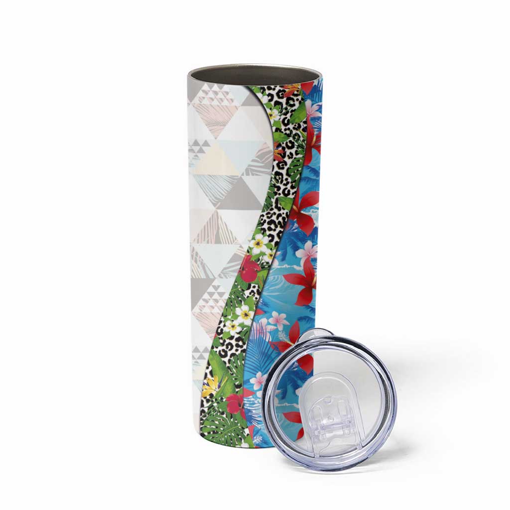 Hawaiian Tropical Flowers and Leaves Skinny Tumbler on Leopard Pattern Half Style White-Blue Version LT03 - Polynesian Pride