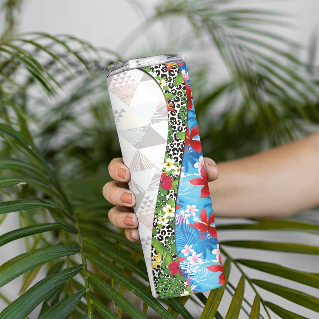 Hawaiian Tropical Flowers and Leaves Skinny Tumbler on Leopard Pattern Half Style White-Blue Version LT03 - Polynesian Pride