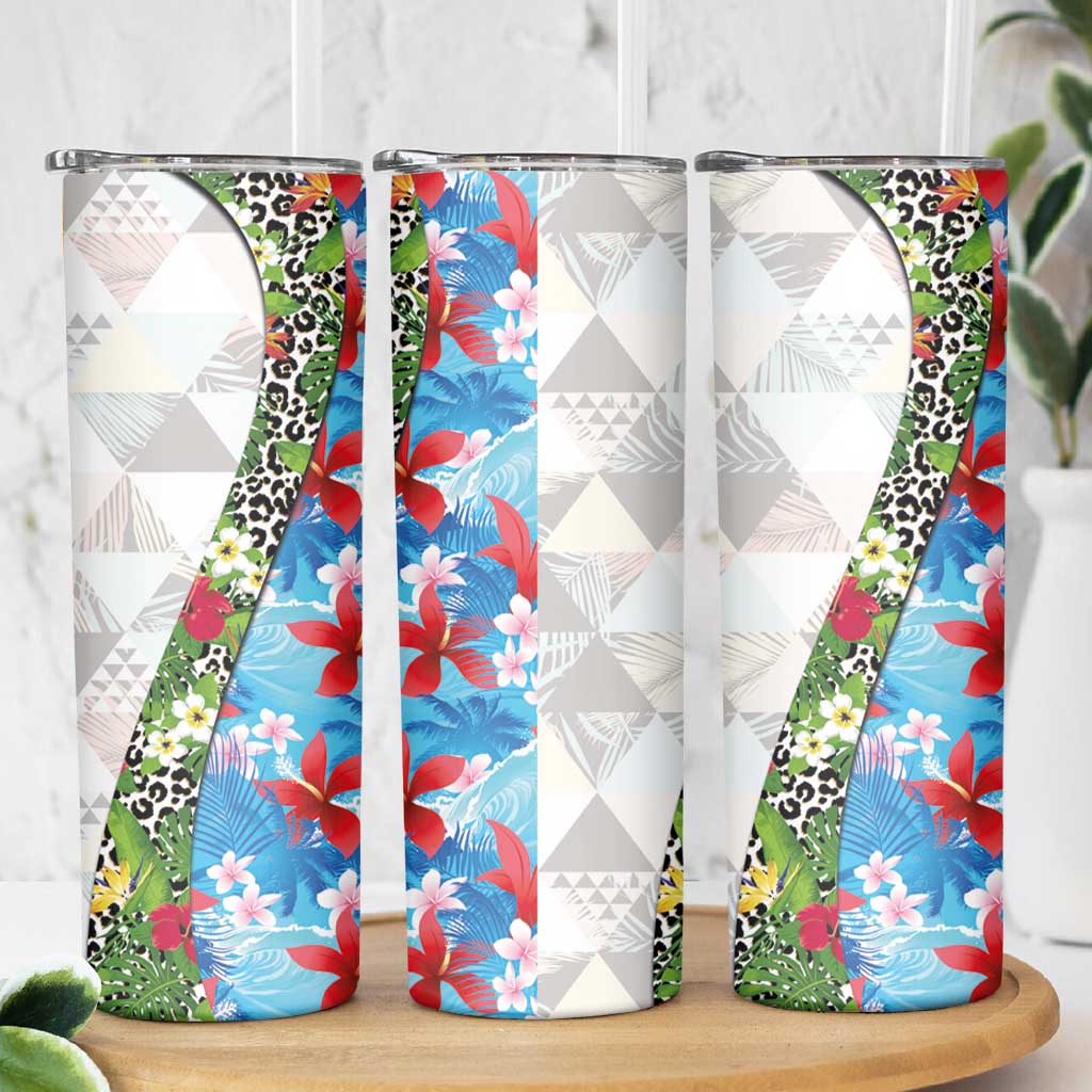 Hawaiian Tropical Flowers and Leaves Skinny Tumbler on Leopard Pattern Half Style White-Blue Version LT03 - Polynesian Pride