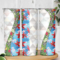 Hawaiian Tropical Flowers and Leaves Skinny Tumbler on Leopard Pattern Half Style White-Blue Version LT03 - Polynesian Pride