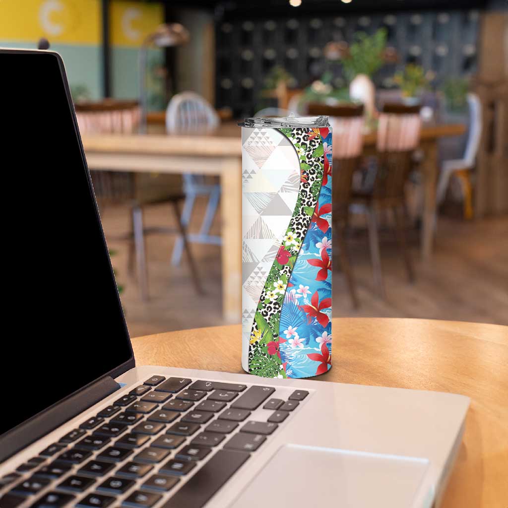 Hawaiian Tropical Flowers and Leaves Skinny Tumbler on Leopard Pattern Half Style White-Blue Version LT03 - Polynesian Pride
