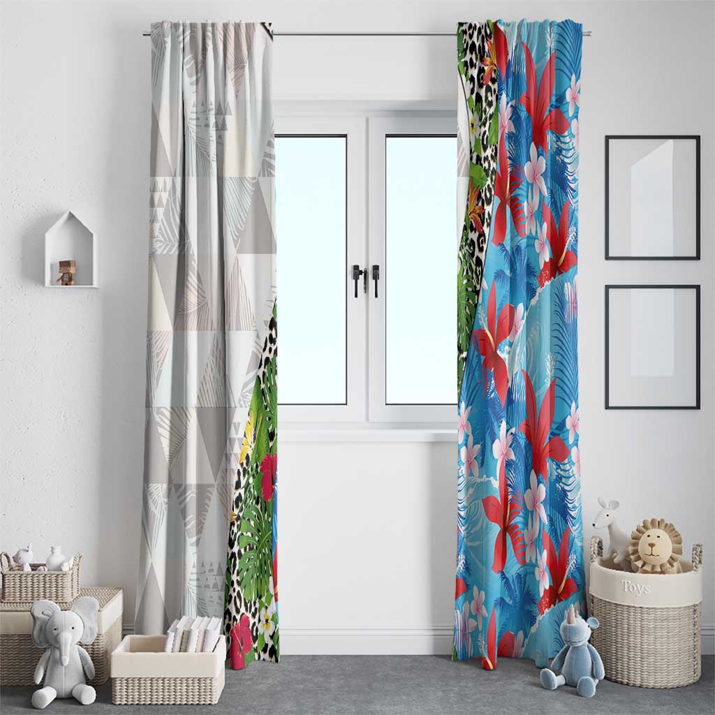 Hawaiian Tropical Flowers and Leaves Window Curtain on Leopard Pattern Half Style White-Blue Version - Polynesian Pride