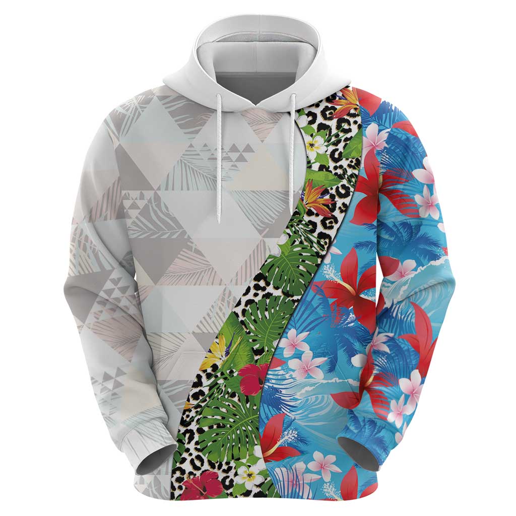 Hawaiian Tropical Flowers and Leaves Zip Hoodie on Leopard Pattern Half Style White-Blue Version - Polynesian Pride
