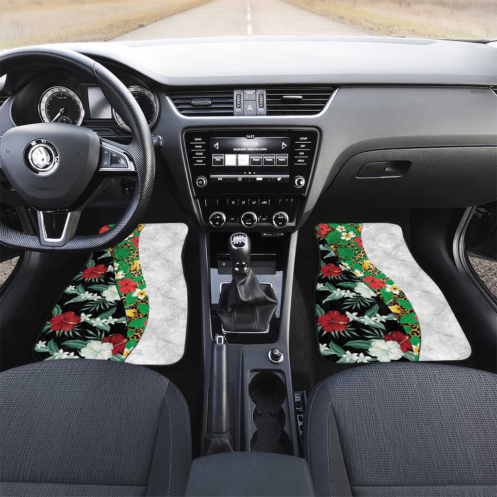 Hawaiian Tropical Flowers and Leaves Car Mats on Leopard Pattern Half Style White-Black Version - Polynesian Pride