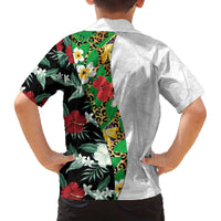 Hawaiian Tropical Flowers and Leaves Family Matching Off The Shoulder Long Sleeve Dress and Hawaiian Shirt on Leopard Pattern Half Style White-Black Version LT03 - Polynesian Pride