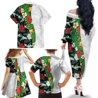 Hawaiian Tropical Flowers and Leaves Family Matching Off The Shoulder Long Sleeve Dress and Hawaiian Shirt on Leopard Pattern Half Style White-Black Version LT03 - Polynesian Pride