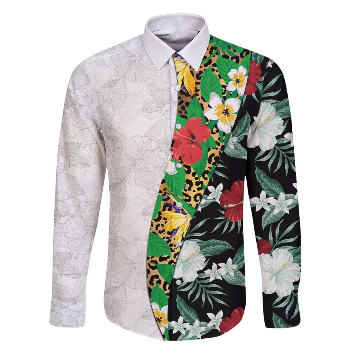 Hawaiian Tropical Flowers and Leaves Family Matching Off The Shoulder Long Sleeve Dress and Hawaiian Shirt on Leopard Pattern Half Style White-Black Version LT03 Dad's Shirt - Long Sleeve White - Polynesian Pride