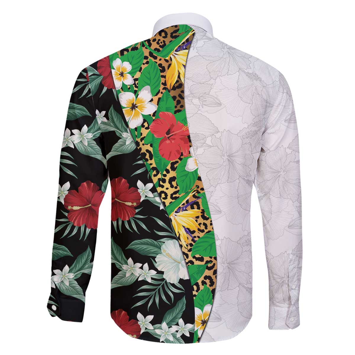 Hawaiian Tropical Flowers and Leaves Family Matching Off The Shoulder Long Sleeve Dress and Hawaiian Shirt on Leopard Pattern Half Style White-Black Version LT03 - Polynesian Pride