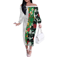 Hawaiian Tropical Flowers and Leaves Family Matching Off The Shoulder Long Sleeve Dress and Hawaiian Shirt on Leopard Pattern Half Style White-Black Version LT03 Mom's Dress White - Polynesian Pride