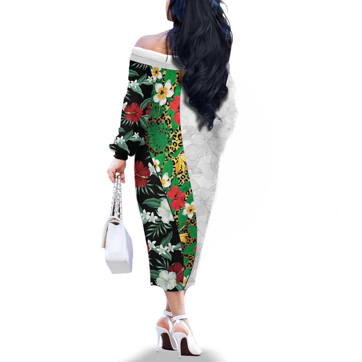 Hawaiian Tropical Flowers and Leaves Family Matching Off The Shoulder Long Sleeve Dress and Hawaiian Shirt on Leopard Pattern Half Style White-Black Version LT03 - Polynesian Pride