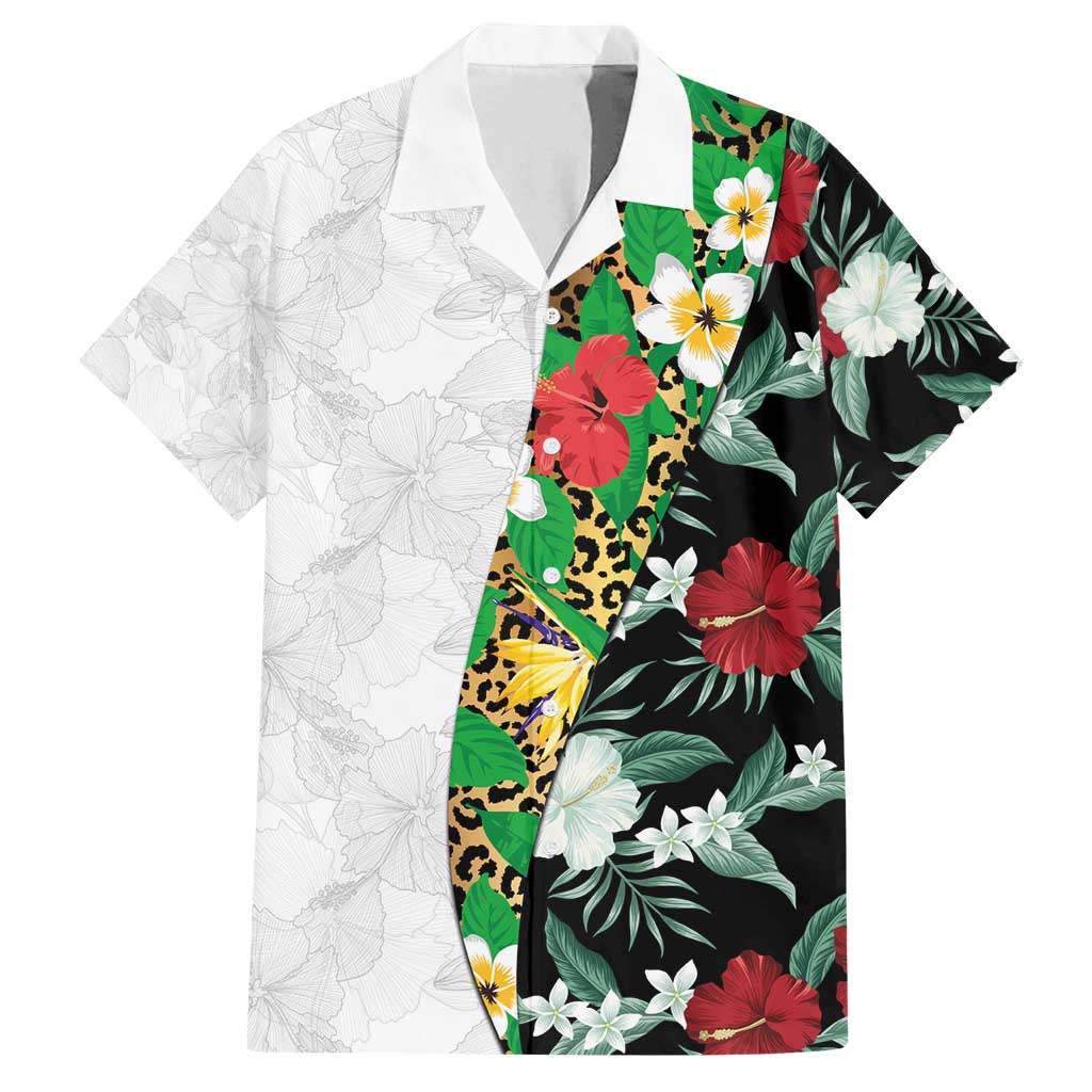 Hawaiian Tropical Flowers and Leaves Family Matching Off Shoulder Maxi Dress and Hawaiian Shirt on Leopard Pattern Half Style White-Black Version - Polynesian Pride