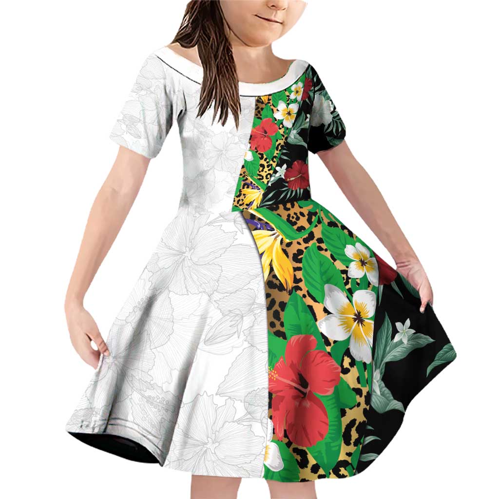 Hawaiian Tropical Flowers and Leaves Family Matching Off Shoulder Short Dress and Hawaiian Shirt on Leopard Pattern Half Style White-Black Version - Polynesian Pride