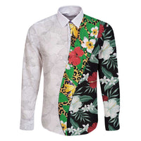Hawaiian Tropical Flowers and Leaves Family Matching Off Shoulder Short Dress and Hawaiian Shirt on Leopard Pattern Half Style White-Black Version - Polynesian Pride