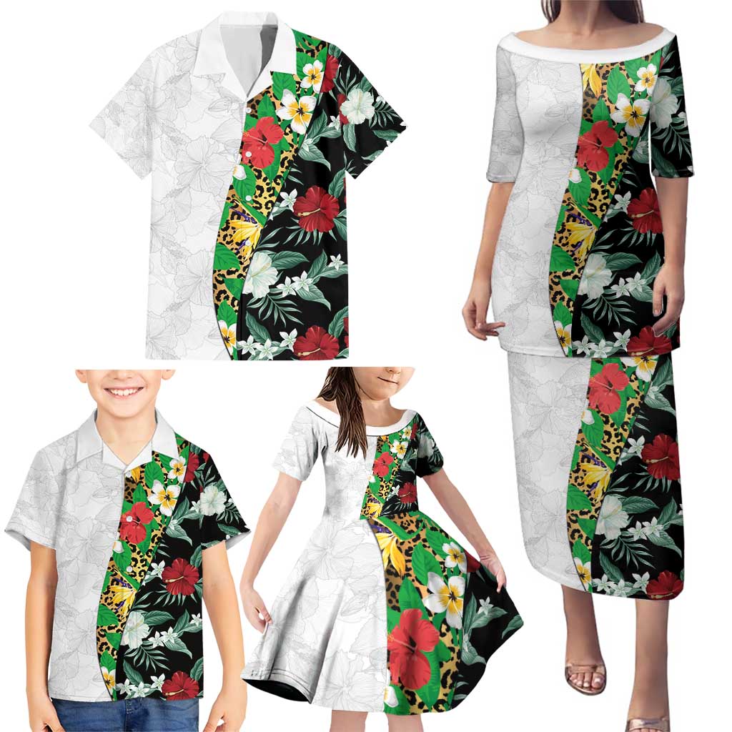 Hawaiian Tropical Flowers and Leaves Family Matching Puletasi and Hawaiian Shirt on Leopard Pattern Half Style White-Black Version - Polynesian Pride