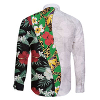 Hawaiian Tropical Flowers and Leaves Family Matching Puletasi and Hawaiian Shirt on Leopard Pattern Half Style White-Black Version - Polynesian Pride