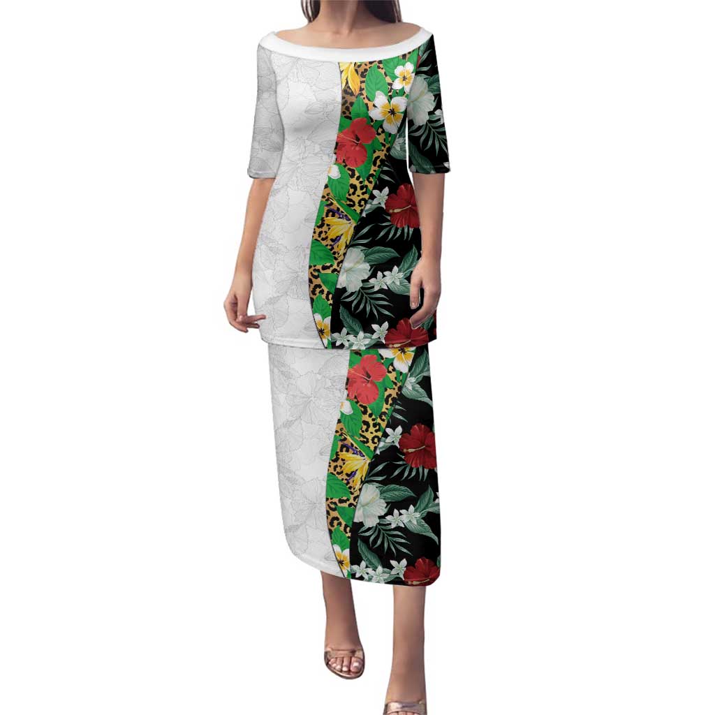 Hawaiian Tropical Flowers and Leaves Family Matching Puletasi and Hawaiian Shirt on Leopard Pattern Half Style White-Black Version - Polynesian Pride