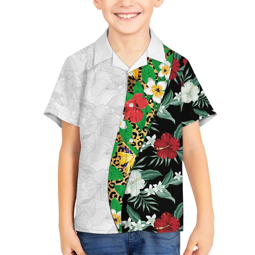 Hawaiian Tropical Flowers and Leaves Family Matching Puletasi and Hawaiian Shirt on Leopard Pattern Half Style White-Black Version - Polynesian Pride