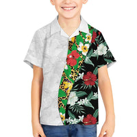 Hawaiian Tropical Flowers and Leaves Family Matching Short Sleeve Bodycon Dress and Hawaiian Shirt on Leopard Pattern Half Style White-Black Version - Polynesian Pride
