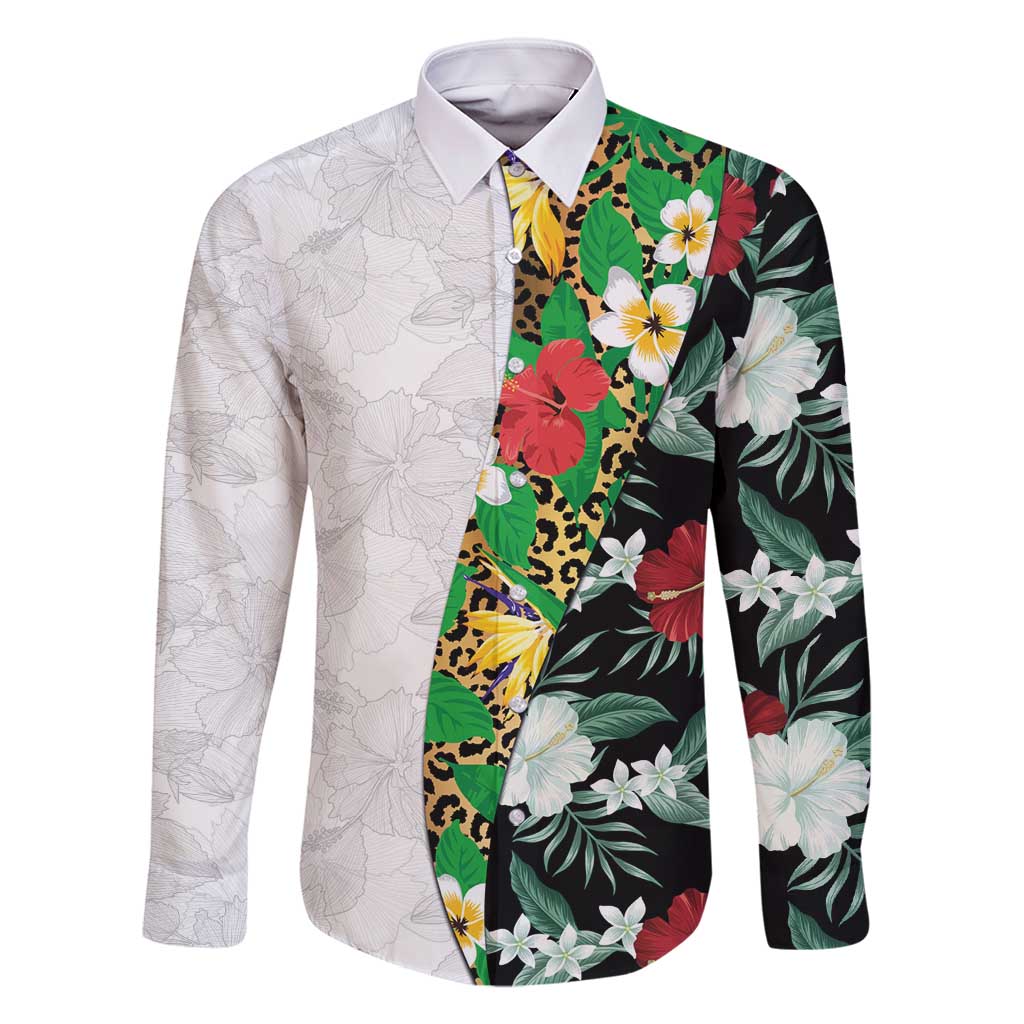 Hawaiian Tropical Flowers and Leaves Family Matching Summer Maxi Dress and Hawaiian Shirt on Leopard Pattern Half Style White-Black Version - Polynesian Pride