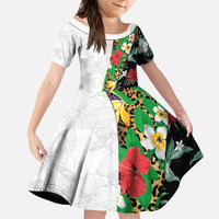 Hawaiian Tropical Flowers and Leaves Family Matching Tank Maxi Dress and Hawaiian Shirt on Leopard Pattern Half Style White-Black Version - Polynesian Pride