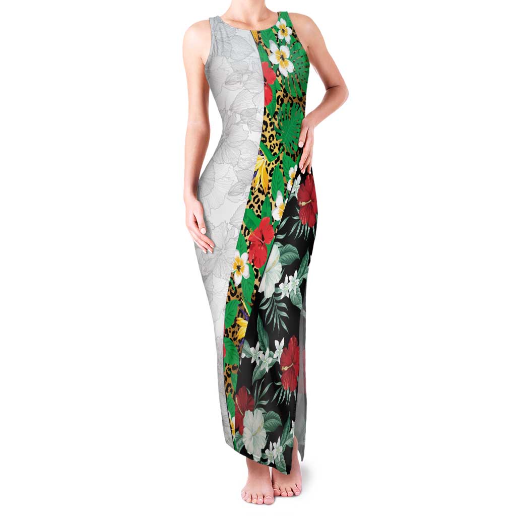 Hawaiian Tropical Flowers and Leaves Family Matching Tank Maxi Dress and Hawaiian Shirt on Leopard Pattern Half Style White-Black Version - Polynesian Pride