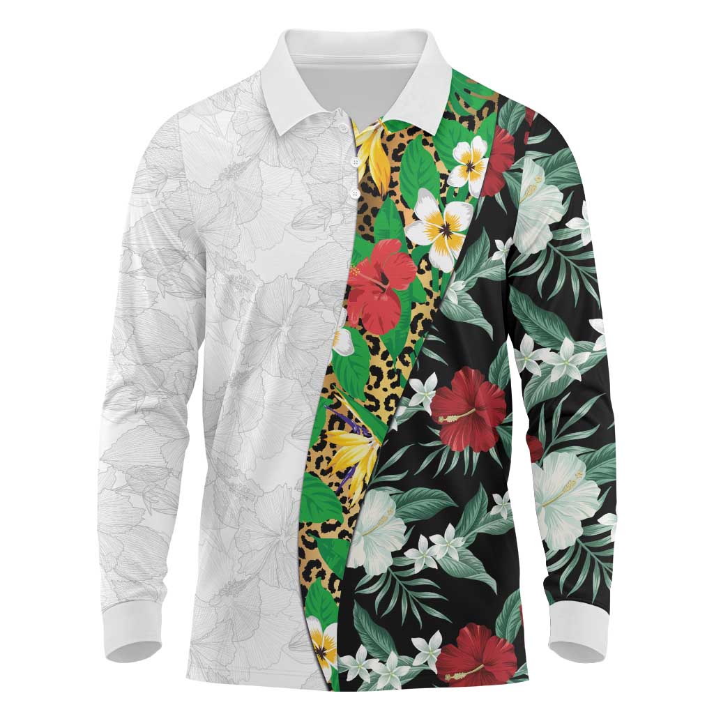 Hawaiian Tropical Flowers and Leaves Long Sleeve Polo Shirt on Leopard Pattern Half Style White-Black Version - Polynesian Pride