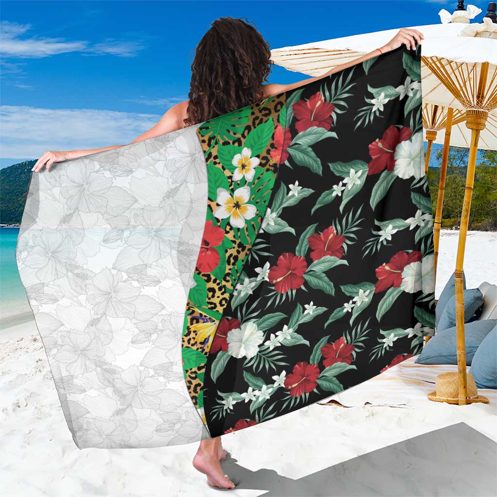 Hawaiian Tropical Flowers and Leaves Sarong on Leopard Pattern Half Style White-Black Version - Polynesian Pride