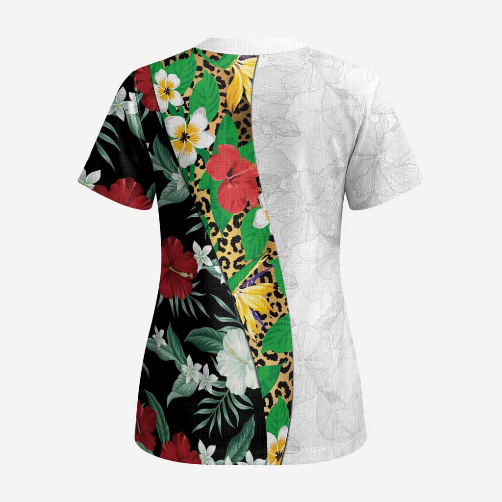 Hawaiian Tropical Flowers and Leaves Scrub Top on Leopard Pattern Half Style White-Black Version - Polynesian Pride