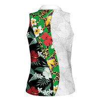 Hawaiian Tropical Flowers and Leaves Women Sleeveless Polo Shirt on Leopard Pattern Half Style White-Black Version - Polynesian Pride