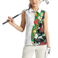 Hawaiian Tropical Flowers and Leaves Women Sleeveless Polo Shirt on Leopard Pattern Half Style White-Black Version - Polynesian Pride