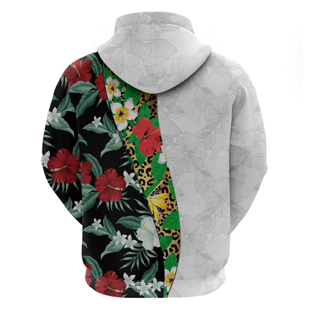 Hawaiian Tropical Flowers and Leaves Zip Hoodie on Leopard Pattern Half Style White-Black Version - Polynesian Pride