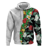Hawaiian Tropical Flowers and Leaves Zip Hoodie on Leopard Pattern Half Style White-Black Version - Polynesian Pride