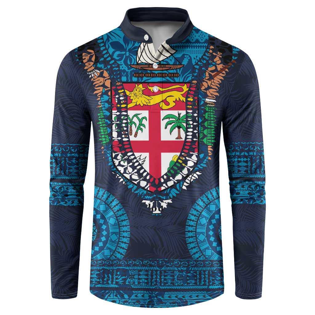 Fiji Coat of Arms Traditional Dashiki Button Sweatshirt Tapa Art and Palm Leaves Pattern Dark Navy Color - Polynesian Pride