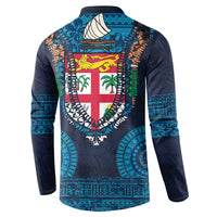 Fiji Coat of Arms Traditional Dashiki Button Sweatshirt Tapa Art and Palm Leaves Pattern Dark Navy Color - Polynesian Pride