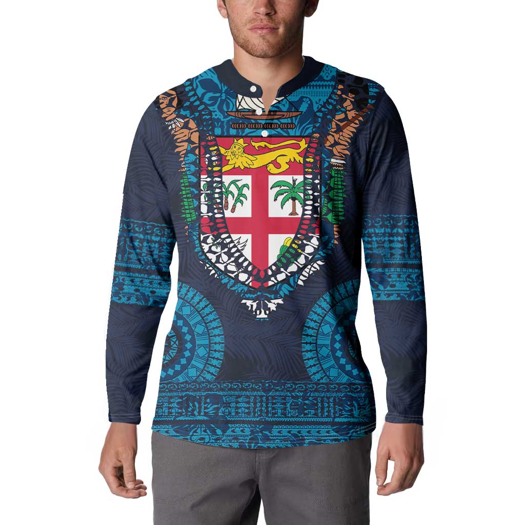 Fiji Coat of Arms Traditional Dashiki Button Sweatshirt Tapa Art and Palm Leaves Pattern Dark Navy Color - Polynesian Pride