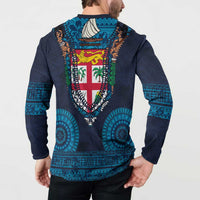 Fiji Coat of Arms Traditional Dashiki Button Sweatshirt Tapa Art and Palm Leaves Pattern Dark Navy Color - Polynesian Pride