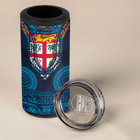 Fiji Coat of Arms Traditional Dashiki 4 in 1 Can Cooler Tumbler Tapa Art and Palm Leaves Pattern Dark Navy Color LT03 - Polynesian Pride