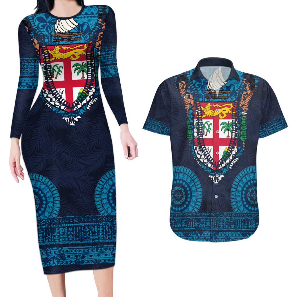 Fiji Coat of Arms Traditional Dashiki Couples Matching Long Sleeve Bodycon Dress and Hawaiian Shirt Tapa Art and Palm Leaves Pattern Dark Navy Color LT03 Navy - Polynesian Pride